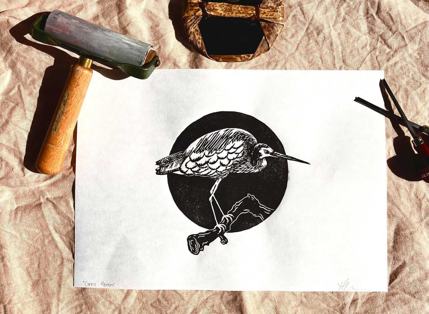 “Heron” Linoprint