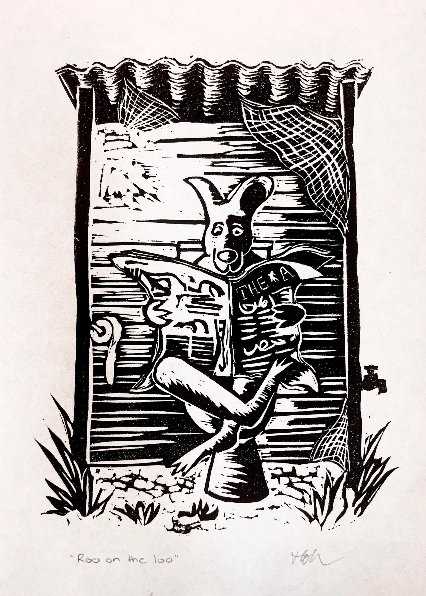 “Roo on the Loo” Linoprint