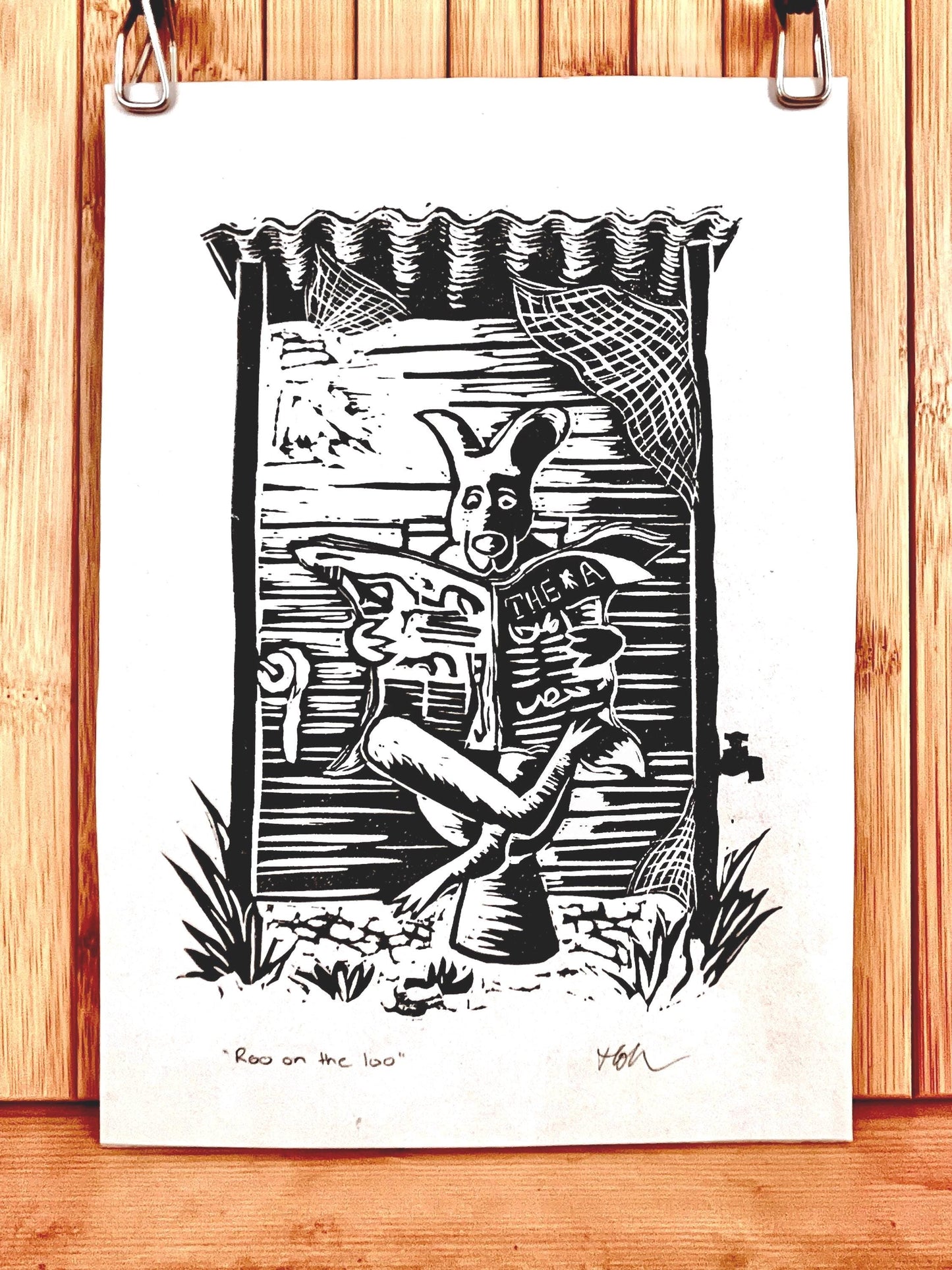 “Roo on the Loo” Linoprint