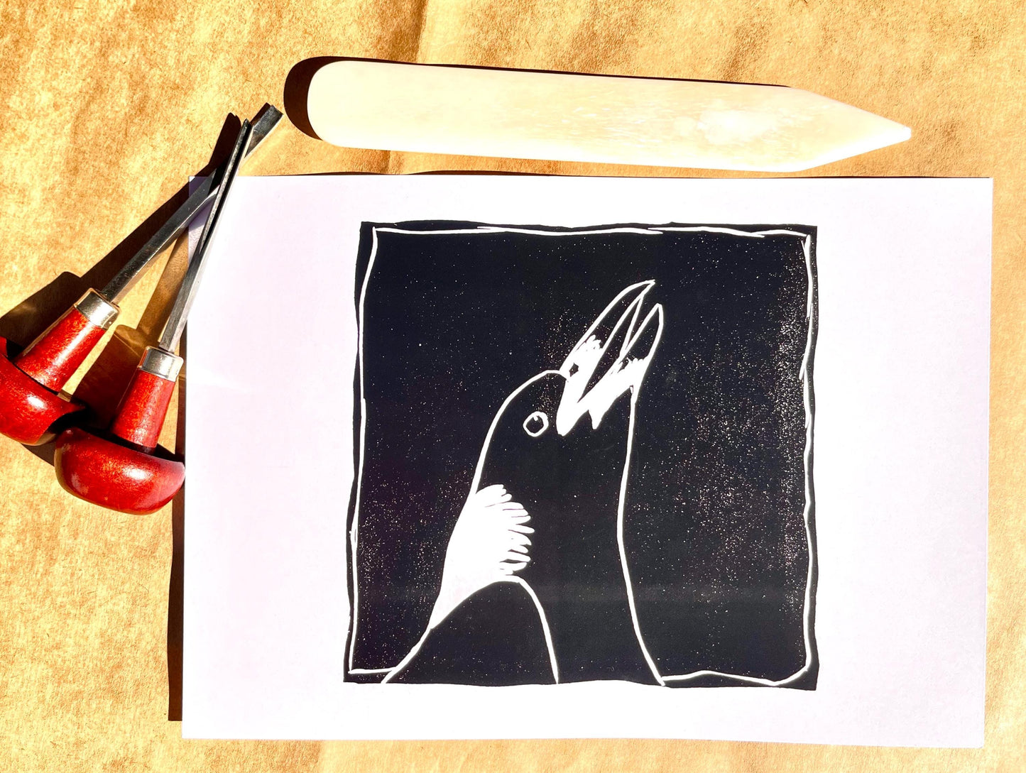 “Magpie” linoprint (digital print)
