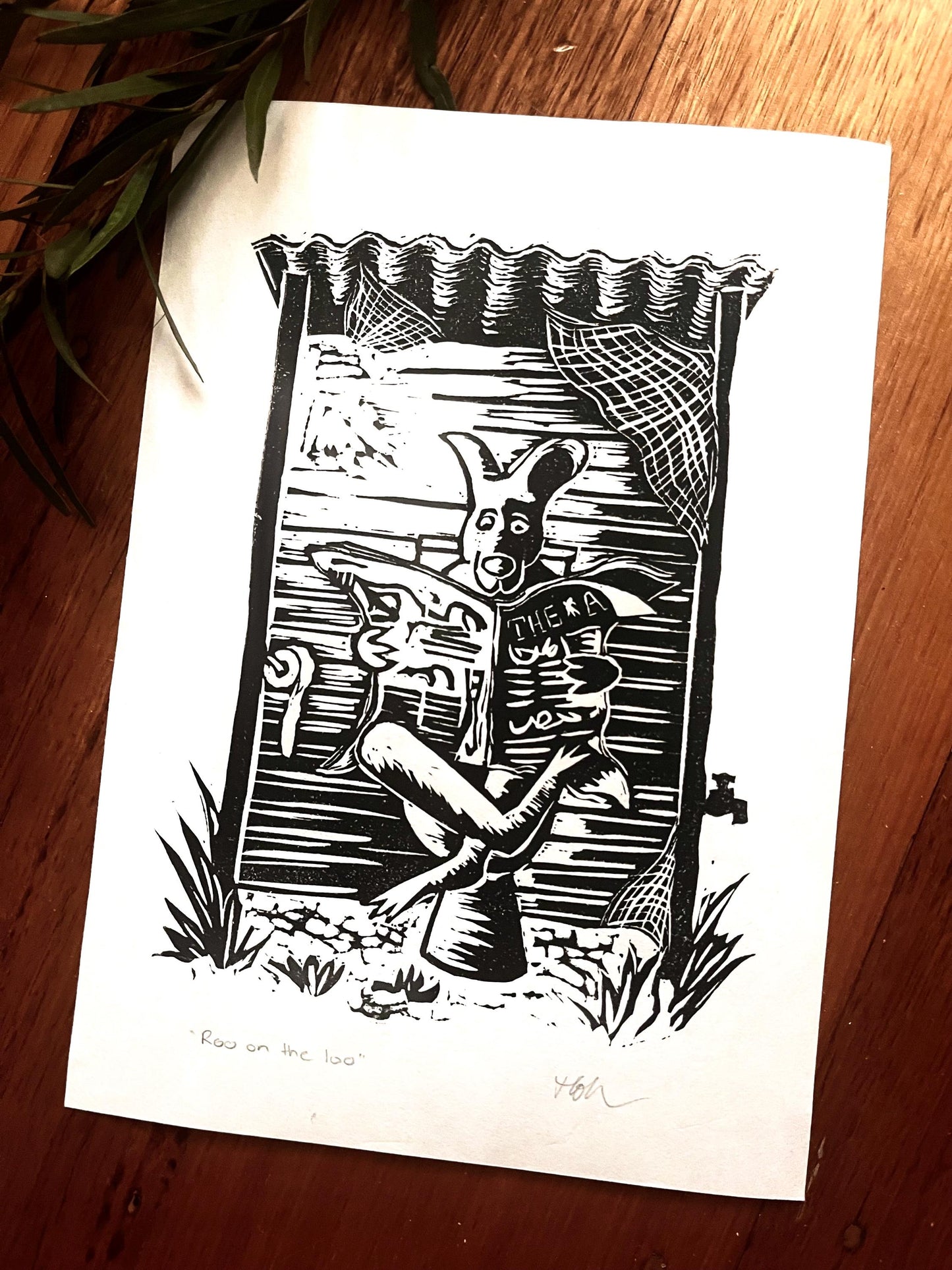 “Roo on the Loo” Linoprint