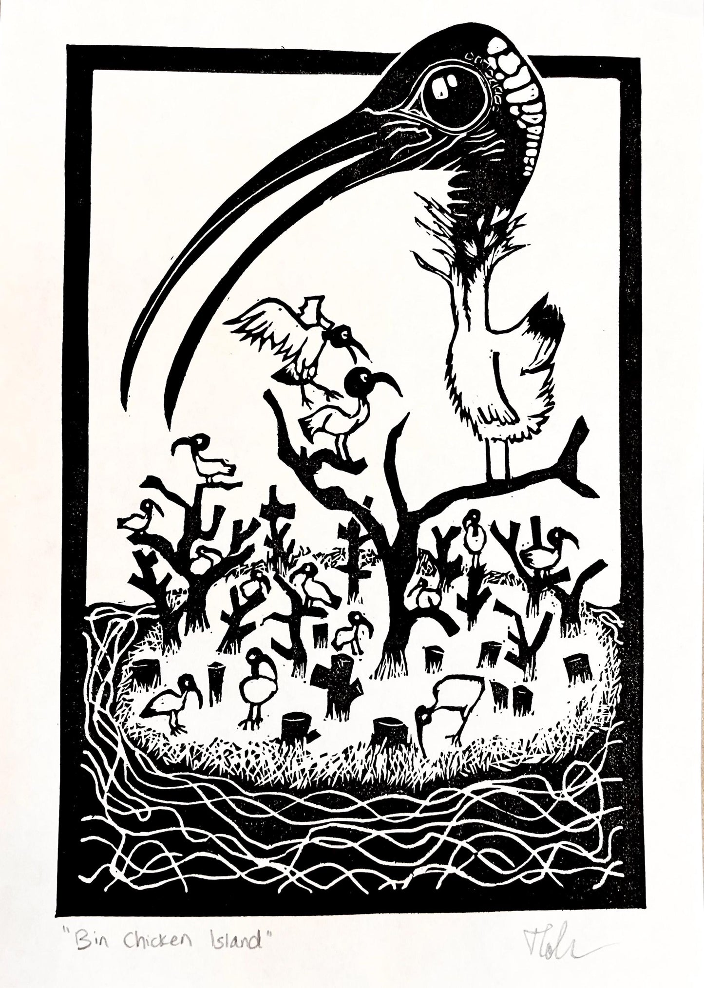 “Bin Chicken Island” Linoprint