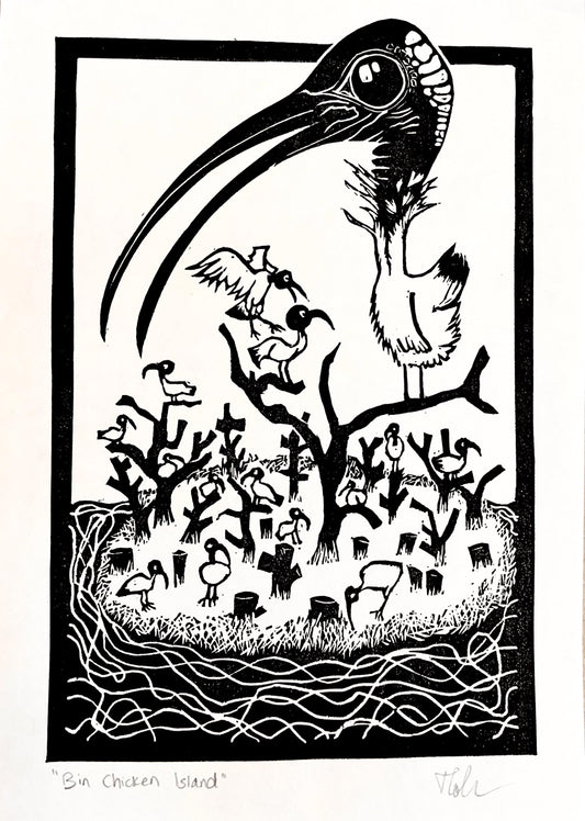 “Bin Chicken Island” Linoprint