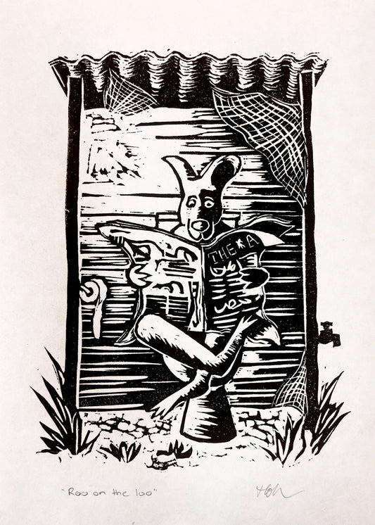 “Roo on the Loo” Linoprint