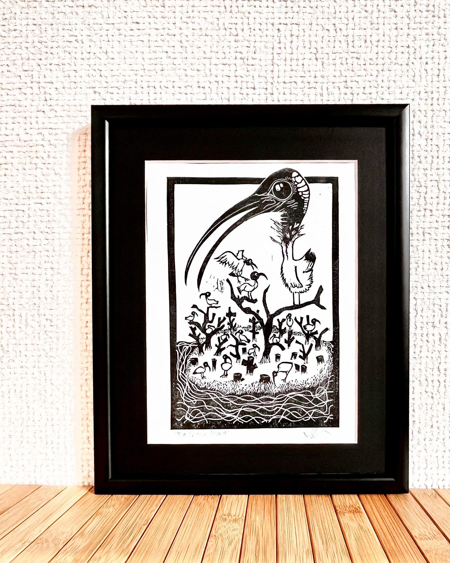 “Bin Chicken Island” Linoprint