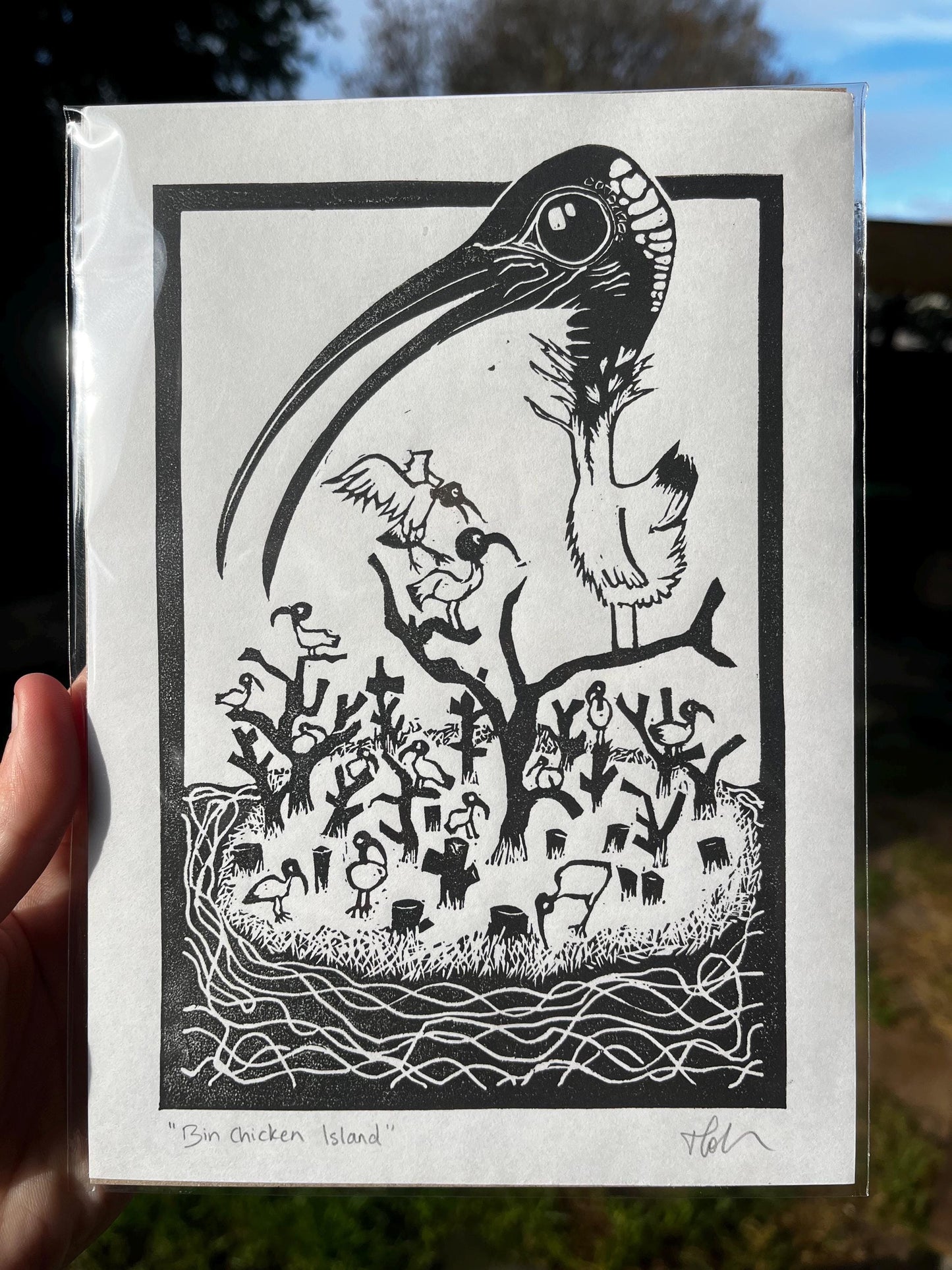 “Bin Chicken Island” Linoprint